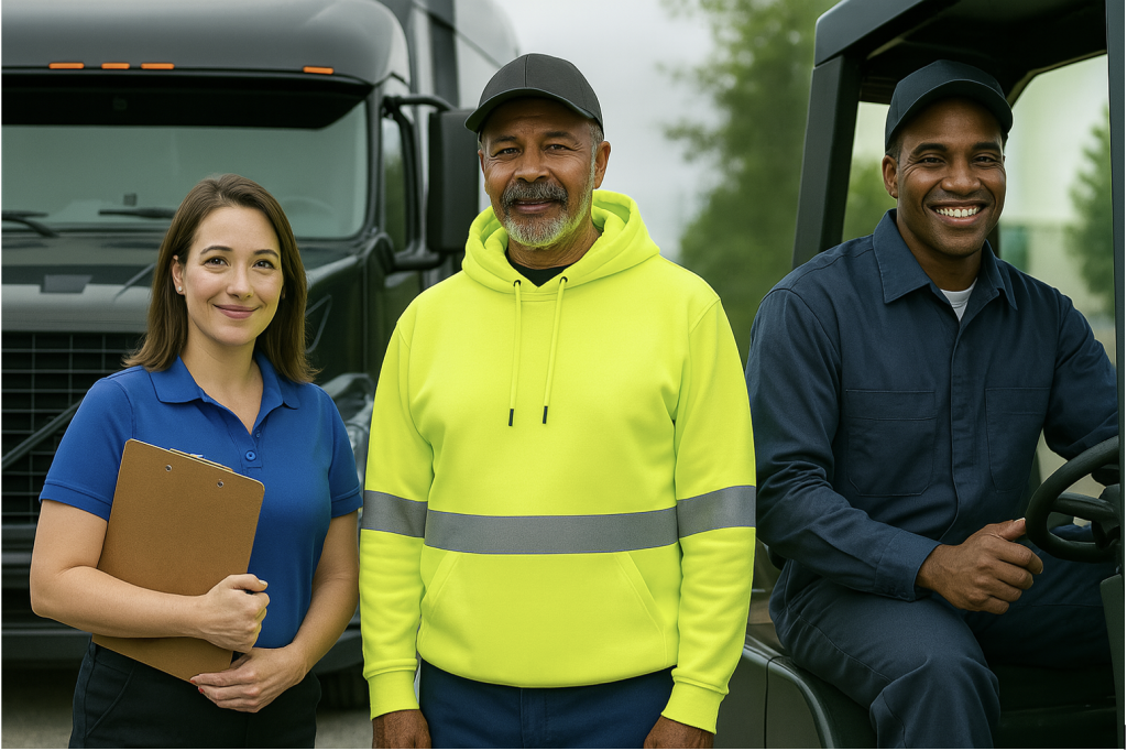 Three transportation and logistics professionals stand together in front of delivery trucks—one in a royal blue polo, one in a neon yellow hi-vis hoodie, and one in a navy work uniform—smiling confidently.